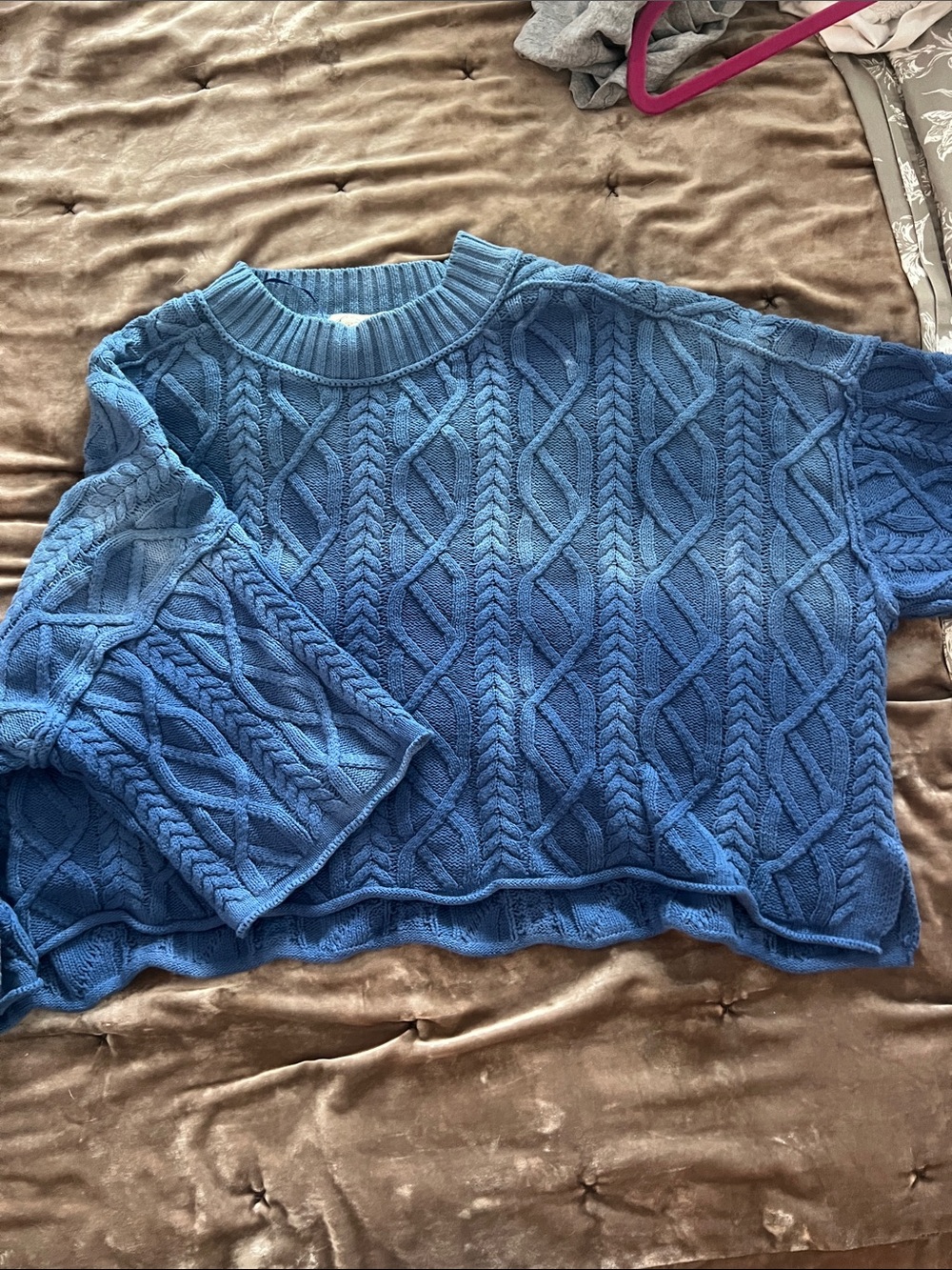 Free People Blue Cable-Knit Cropped Crewneck Sweater